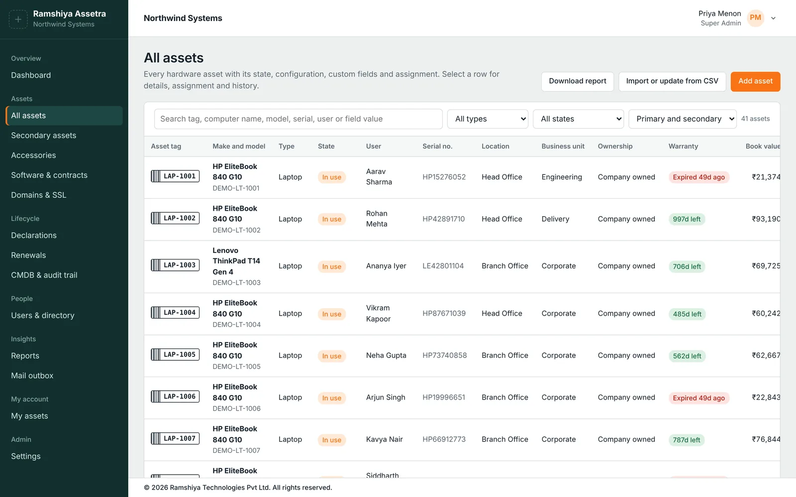 Asset list with tags, make and model, state, user, serial number, location, warranty and book value