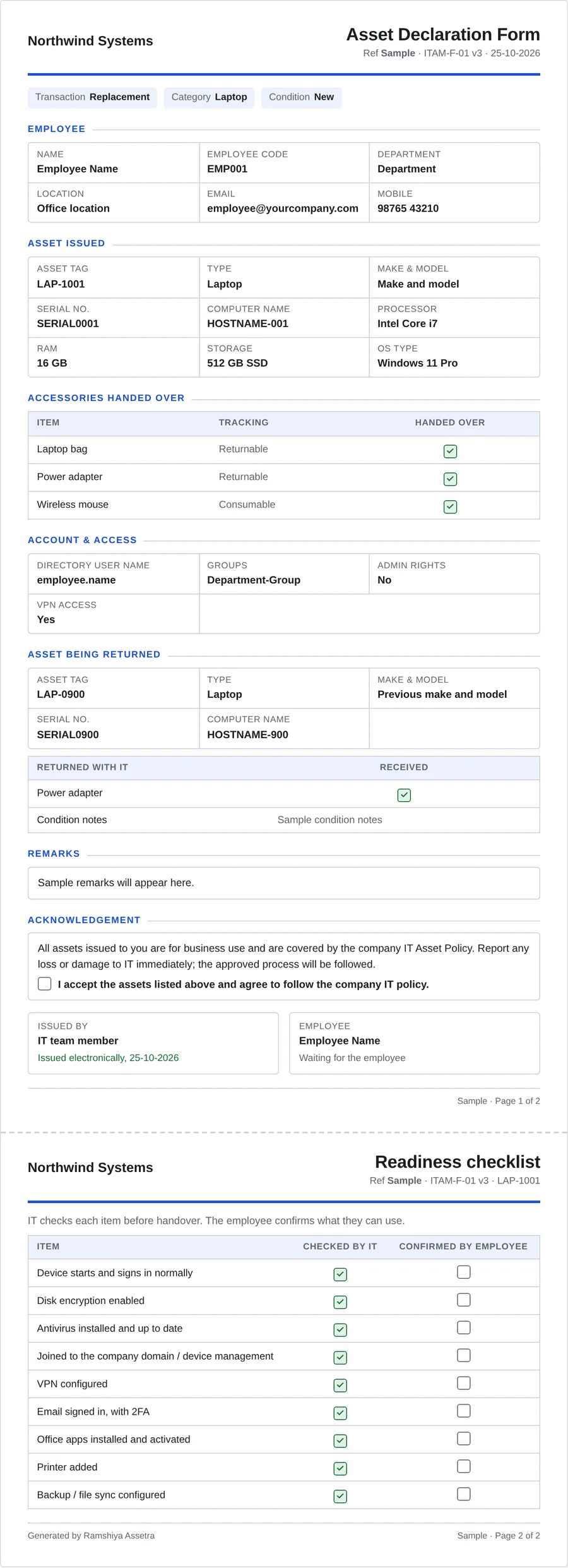 Two-page asset declaration form with employee, asset, accessories, account and acknowledgement sections